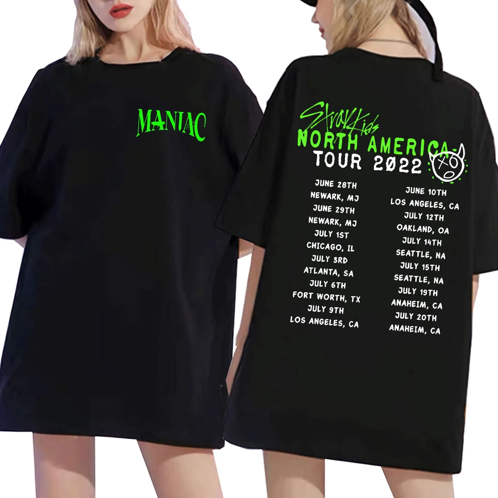 

Korean Stray Kids 2nd World Tour Maniac Print T-shirt Men Womne Summer 100% Cotton Tshirts Harajuku Streetwear Short Sleeve Kpop