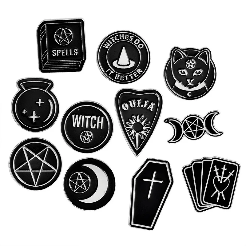 Эмалированные штифты с ведьмой из серии гадания, креативный металлический значок в стиле панк, гроб, Черный кот, Таро, пентаграмма, брошка на лацканы, трендовые ювелирные изделия, подарки