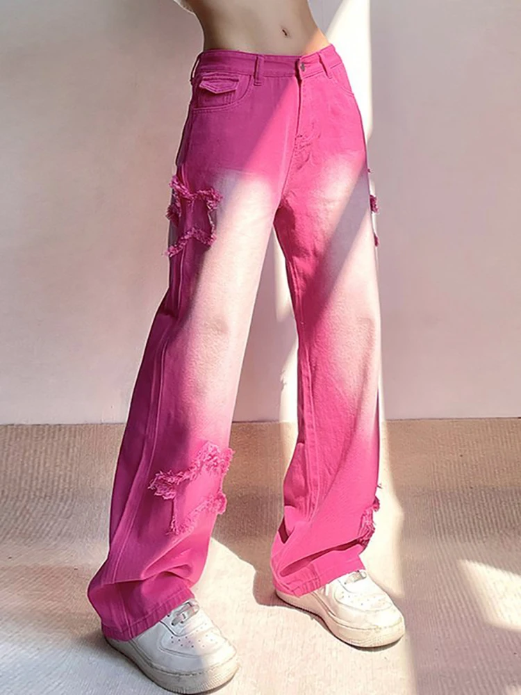2023 summer new Korean Fashion women's denim stars y2k retro high street casual faded pink pants jeans Streetwear Skateboard