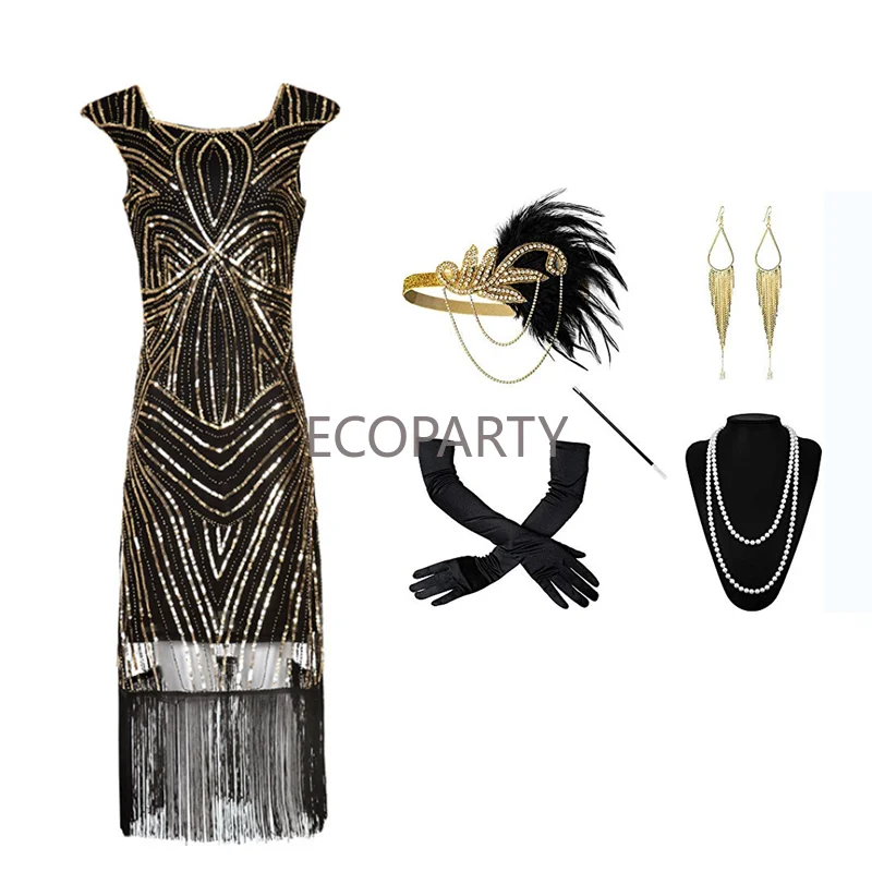 

1920s Luxurious sequined beaded fringe dress party annual party short style dress and headpiece gloves five-piece