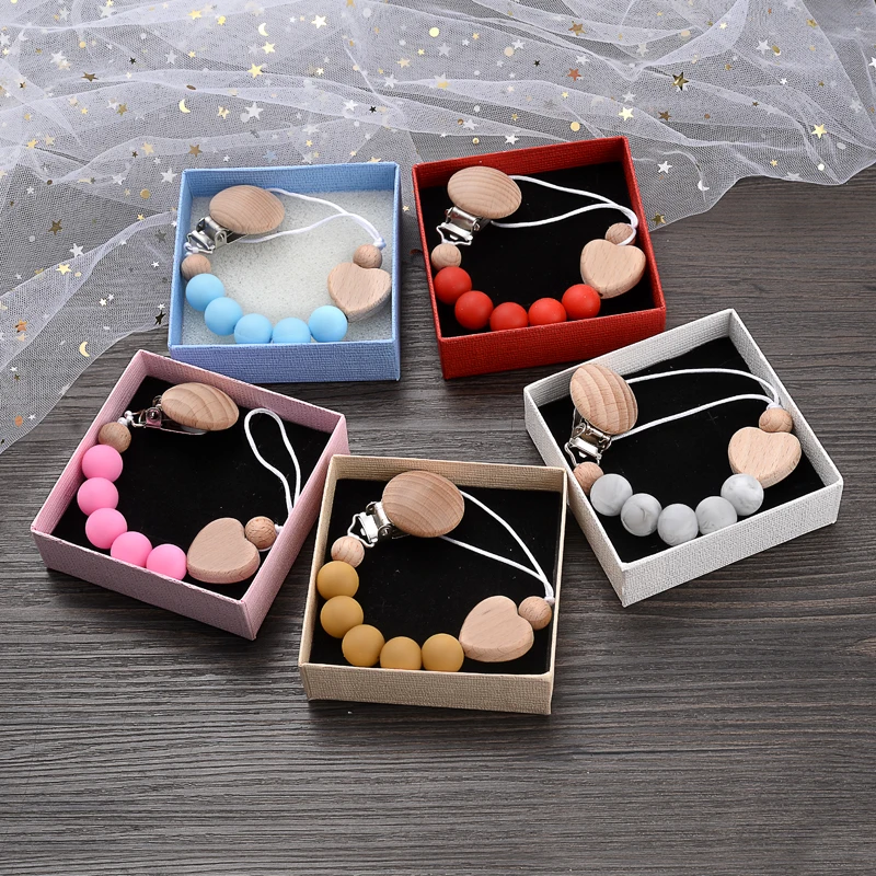 

Baby Beech Wood Pacifier Clip Gift Boxed Wooden Silicone Teething Chain Infant Nursing Chew Toy Soother Nipple Holder Chain