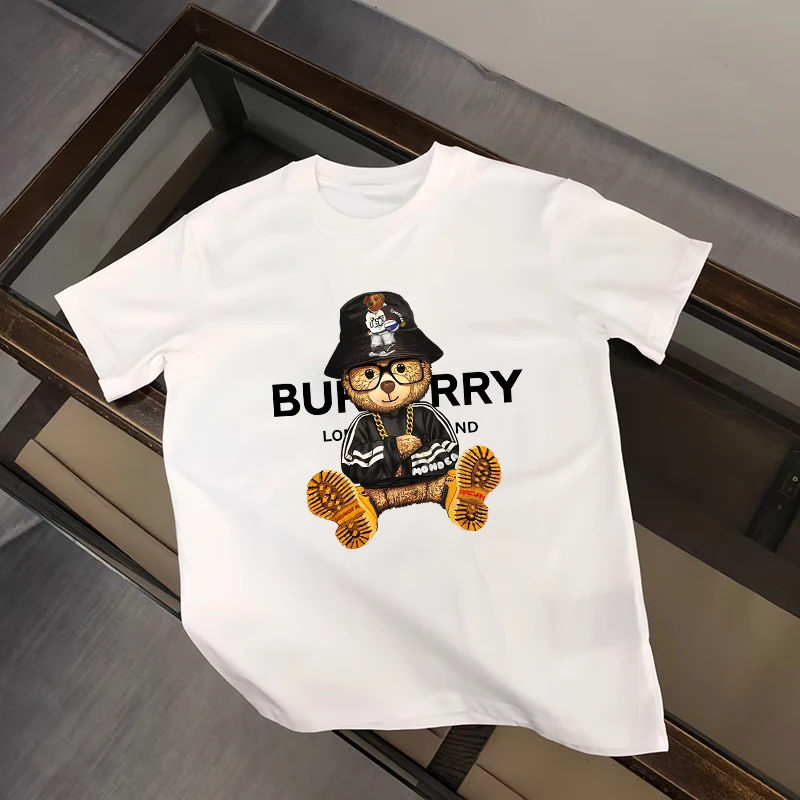 

Summer Cartoon Bear Luxury Letter Printed 2023 Men Women 100% Cotton Casual Clothes Top Tees O-Neck Short Sleeve Tee Shirt