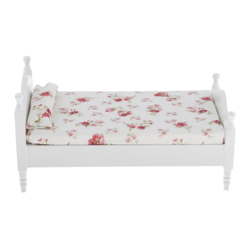 

1/12 Dollhouse Miniatures Double Bed White Floral Bed Bedroom Furniture