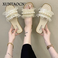 fairy mesh pearl slippers for women to wear the new summer 2022 versatile flat slippers beach shoes slippers women
