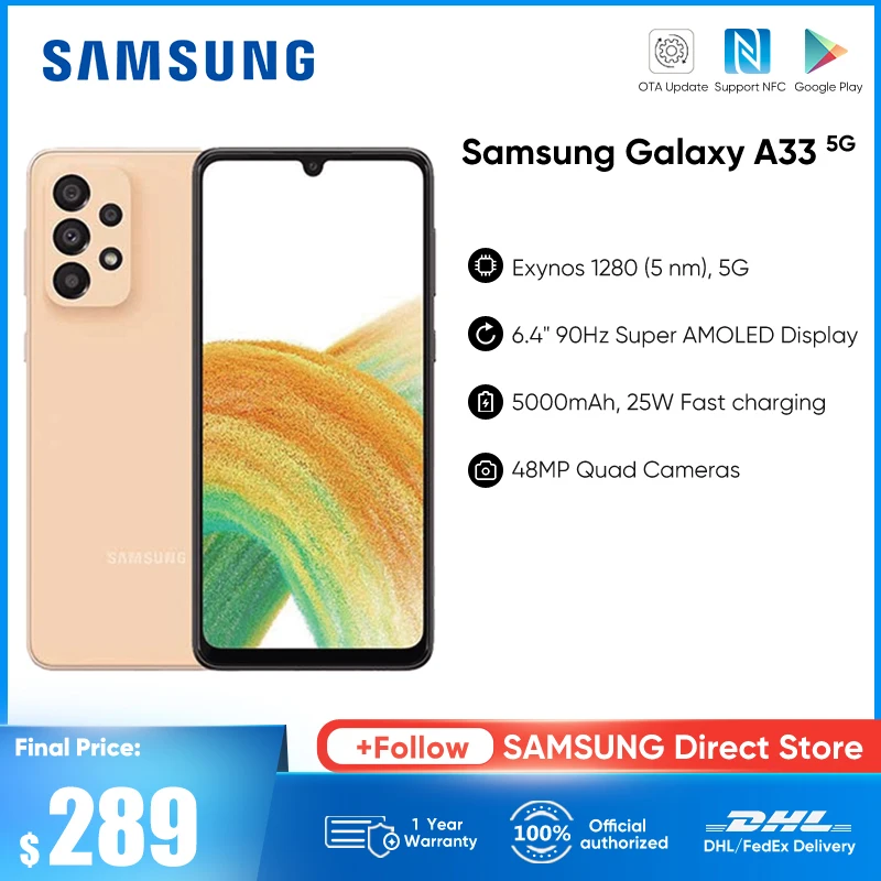 

Original Samsung Galaxy A33 5G Smartphone 90Hz Exynos 1280 Octa-core Super AMOLED Display 5000mAh 25W Fast Charging CellPhone