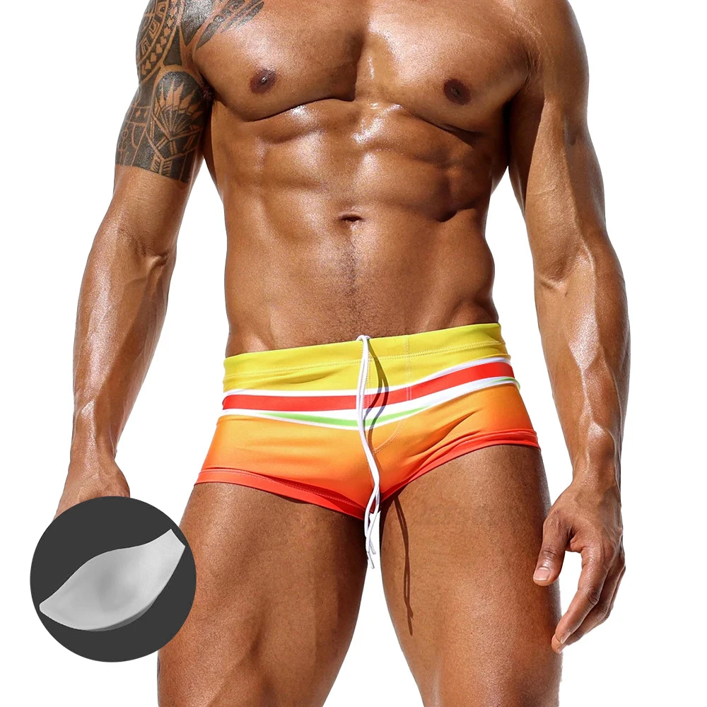 

Fashion Rainbow Gradient Men's Swim Shorts Europe America Sexy With Push Pad Boxer Swimming Trunks Summer Beach Surf Quick Dry