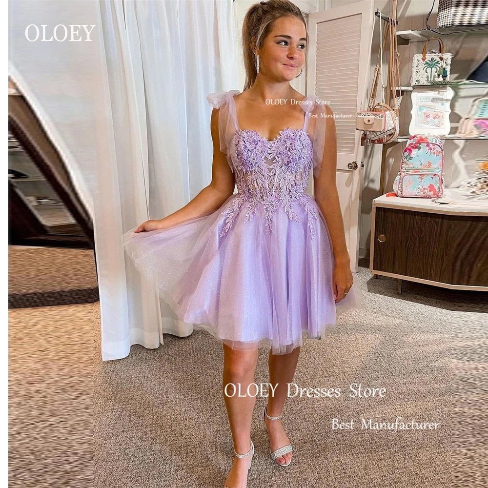 

OLOEY Shiny Lavender Short Prom Party Dresses Lace Applique Straps Tulle Mini Sexy Cocktail Dress Formal Event Homecoming Gowns