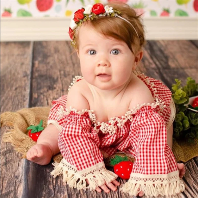 Dvotinst Newborn Photography Props for Baby Girls Off-shoulder Red Plaid Dress Headband 2pcs Costume Studio Shooting Photo Props