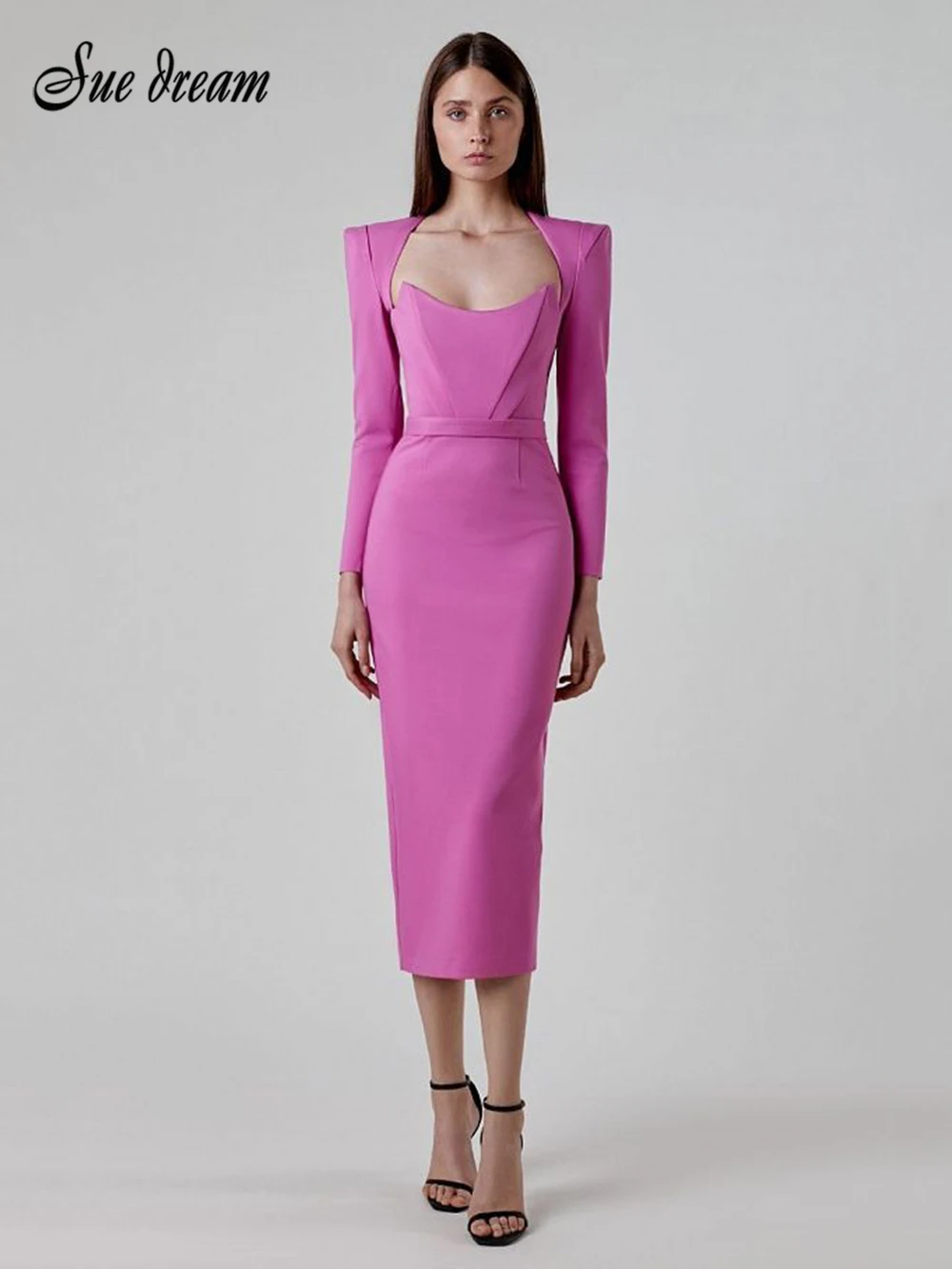 

Elegant Black Purple Bodycon Dress Stretch Bandage Long Sleeve Party Dresses Women Autumn Mid-Calf Solid Sexy Dress 2022