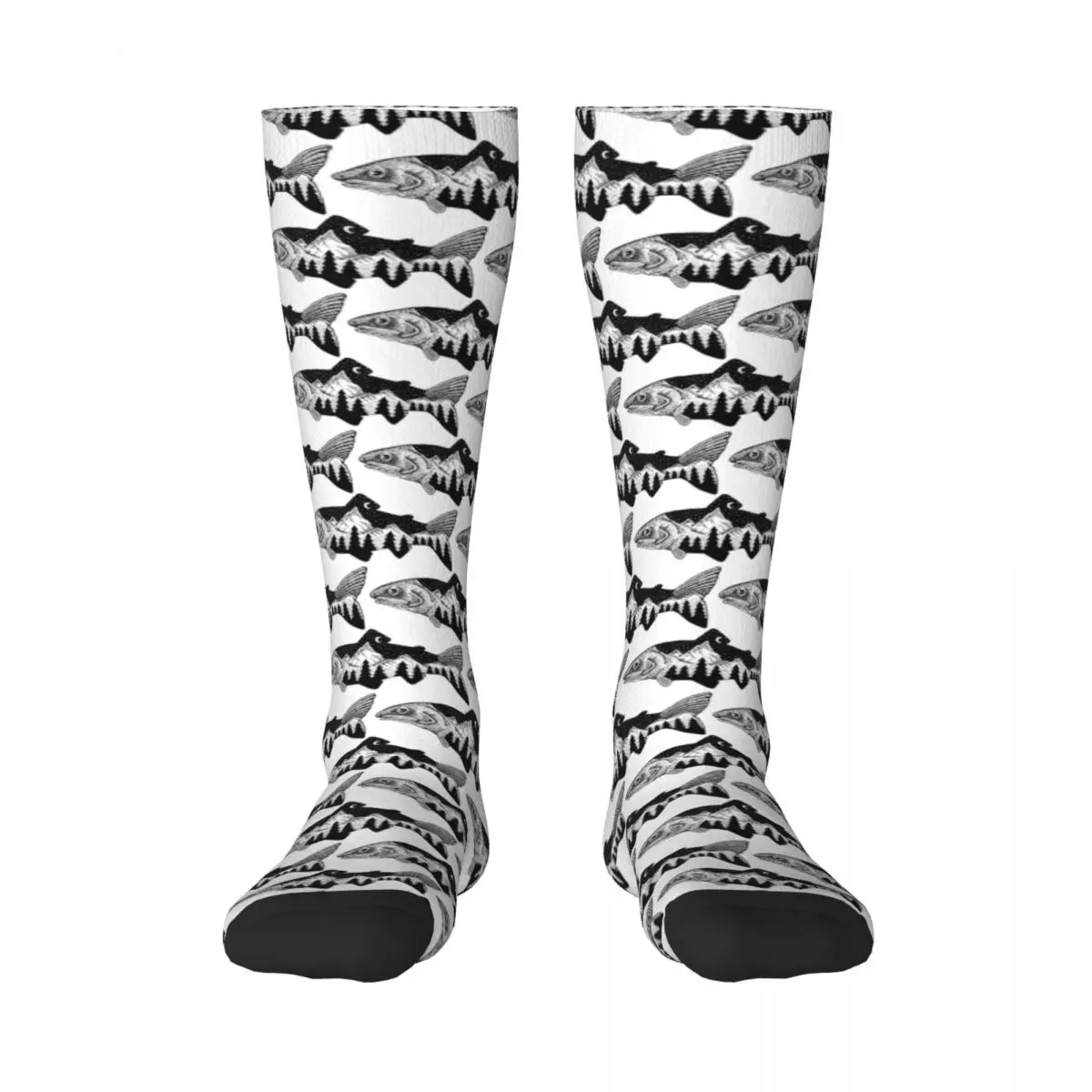 

Novelty Fish And Mountain Trout Fishin Relax 13 Adult Stockings High elasticity Retro Compression Socks Casual