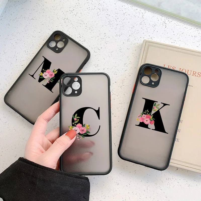 

JAVE DIY Black Letter Flower Matte Case For iPhone 12 11 13 Pro Max X XR 7 8 Plus Case PC hard iPhone XS Max Case Cover Coque