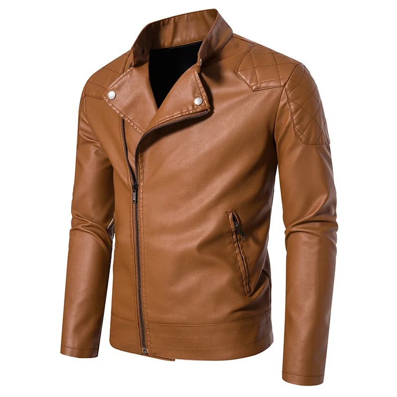 

2023 Men's Autumn New Oblique Zipper Rivet Leather Youth Handsome Short Motorcycle PU Leather Jacket