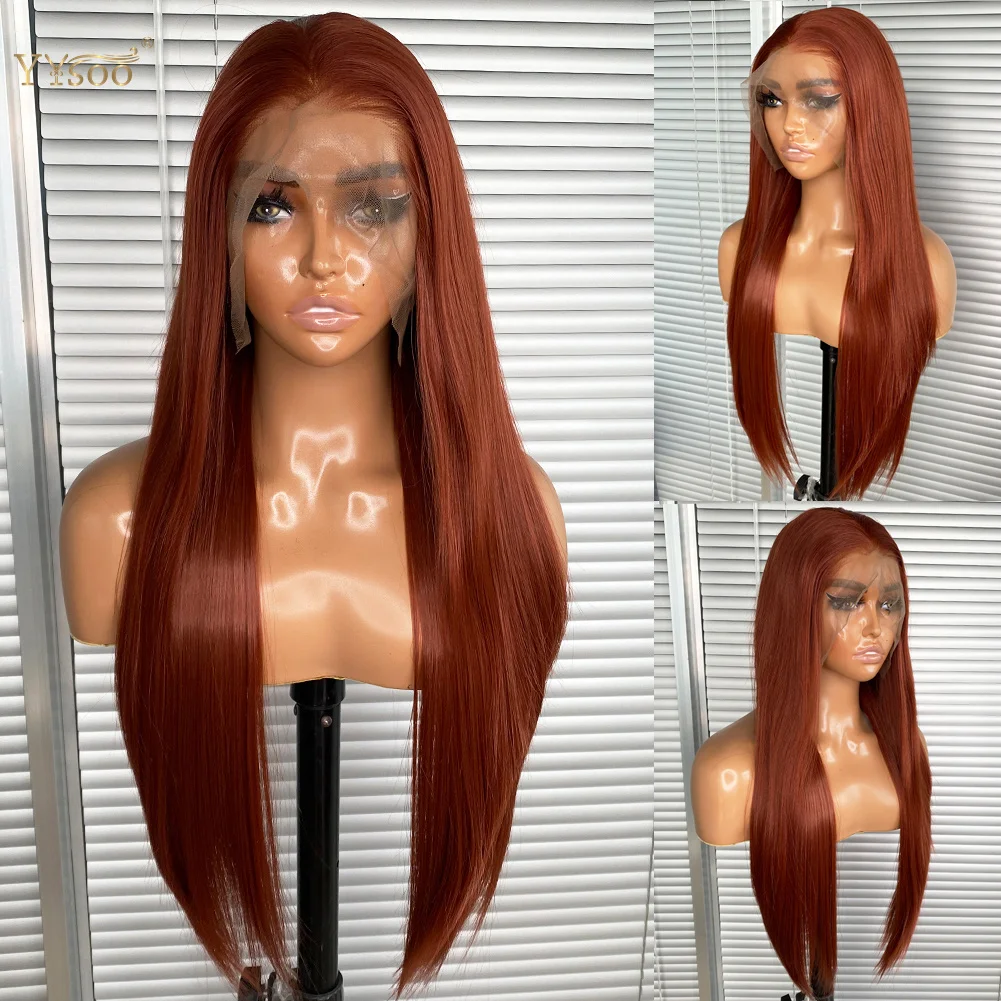 

YYsoo 13x6 Long Silky Straight Copper Brown Wig for Black Women 350# Synthetic Lace Front Wig Futura Heat Resistant Deep Part