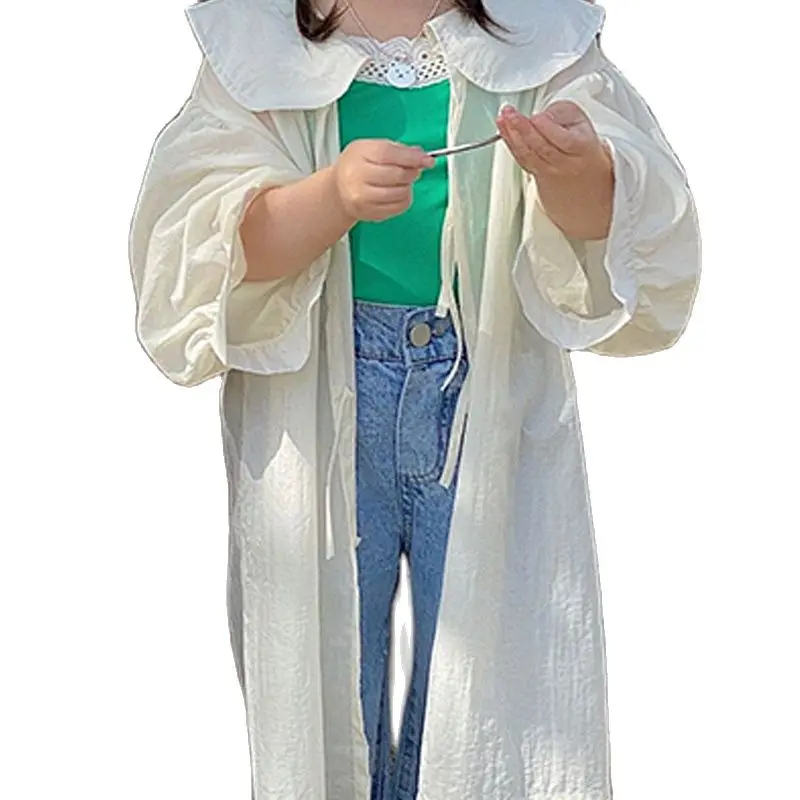 

Солнцезащитные Топы в Корейском стиле для девочек, Новинка лета 2022, однотонное пальто с длинными рукавами-фонариками и отложным воротником,...