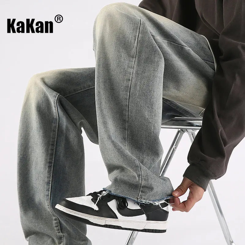 Kakan - Spring/Summer New Vintage Wash Jeans Men's Wear, Loose Straight Barrel Occidental High Street Casual Long Jeans24-LQS909