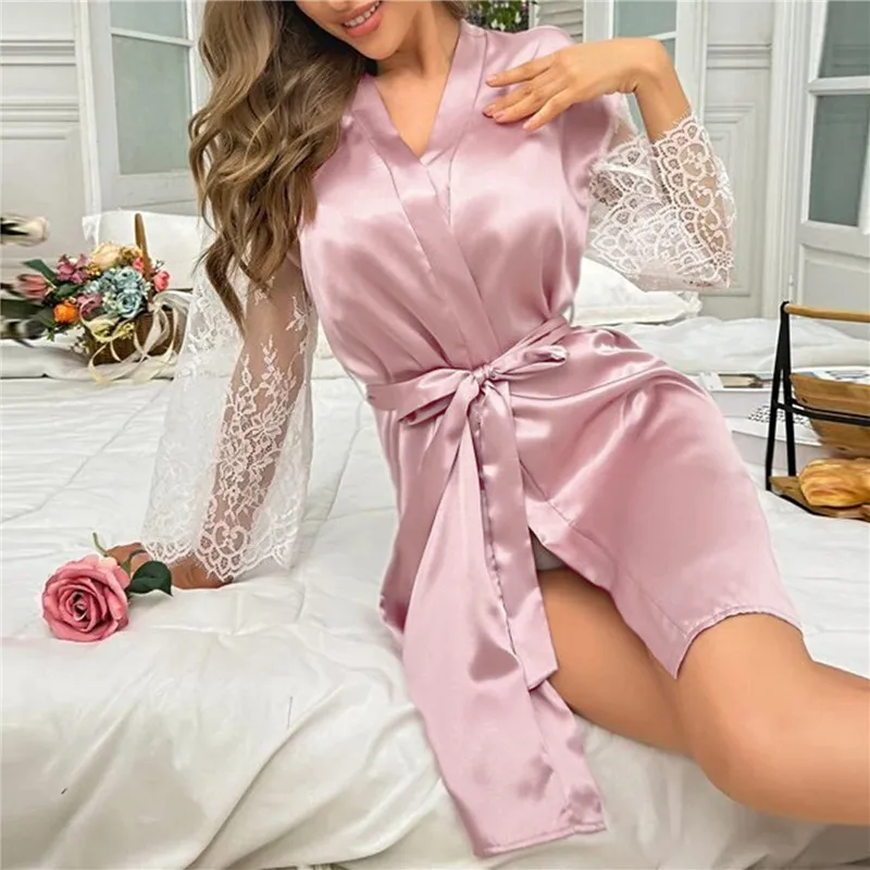 

Women's Translucent Nightgown Sexy Half Sleeve Lace Stitching Silky Satin French Bathrobe Nightwear Leisure Home Clothes