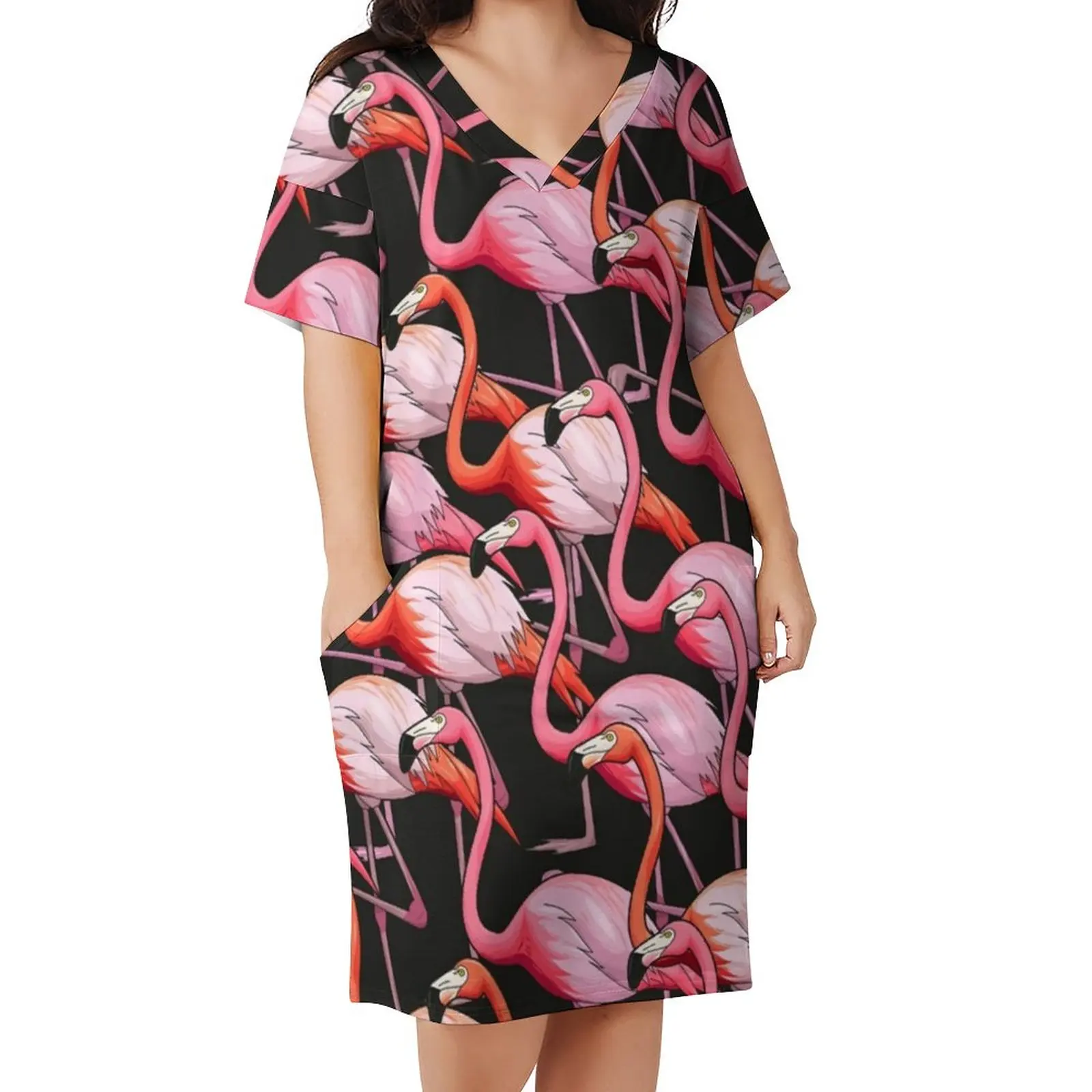 

Tropical Flamingo Casual Dress Female Colorful Bird Print Elegant Dresses Summer V Neck Aesthetic Pattern Dress Plus Size 5XL