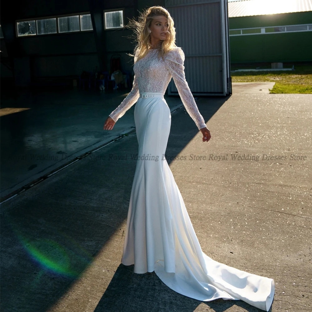 

Elegant Mermaid Wedding Dresses Satin Open Back Embroidery Sashes Beads Applique 2022 Summer Floor Length Gowns Robe De Ma