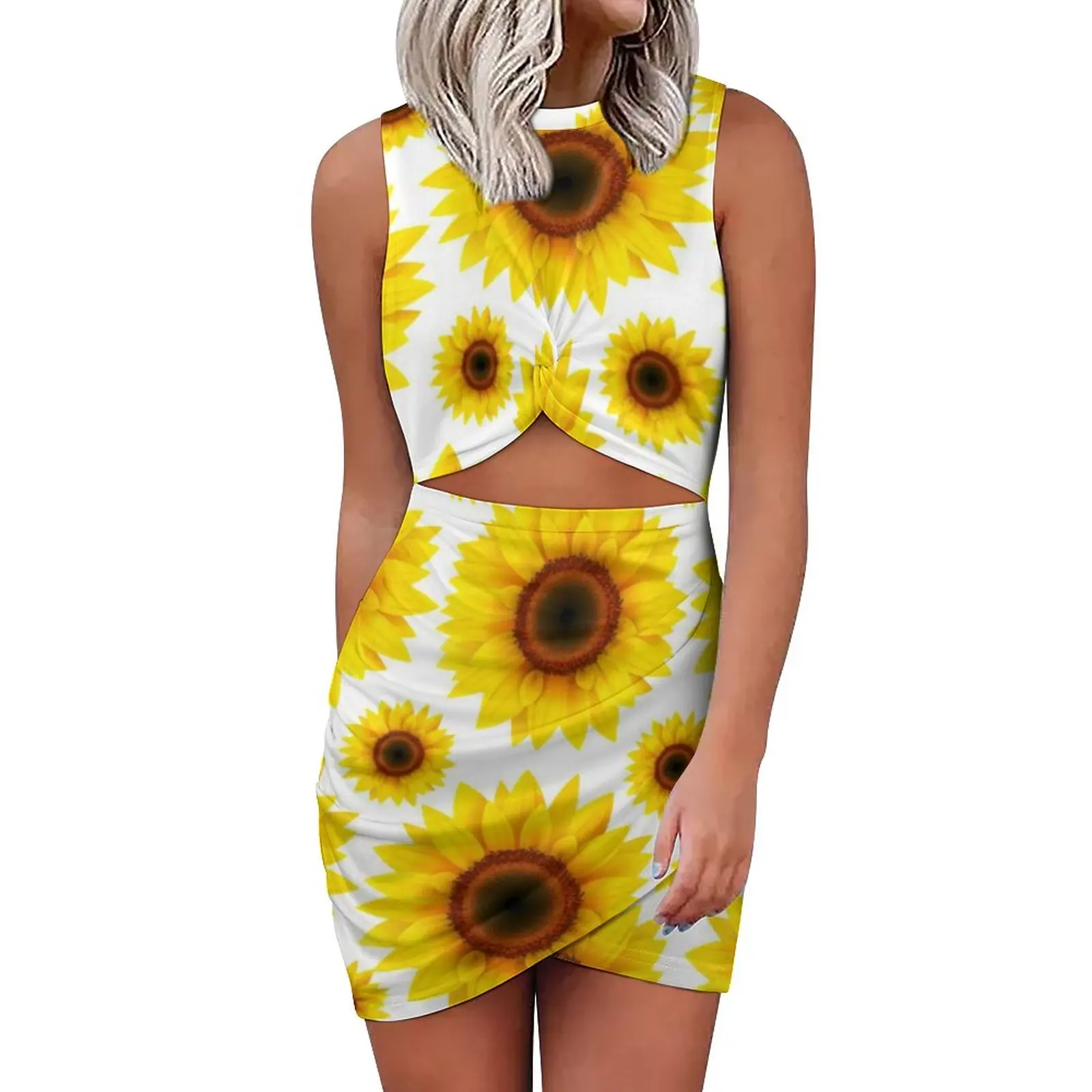 

Яркое желтое платье без рукавов, модное облегающее платье с графическим рисунком, Одежда большого размера