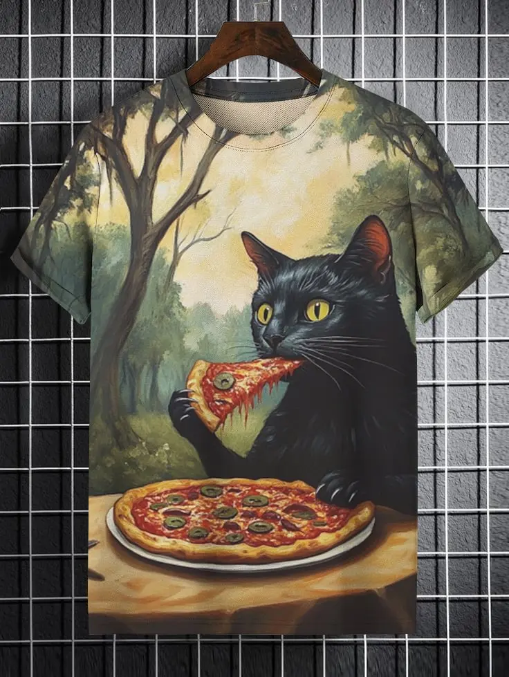 Мужские футболки с героями мультфильмов 3D принтом Cat Eating Pizza Art мужские и женские
