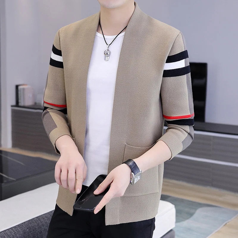 Spring Autumn Men Knitwear European Luxury Fashion Brand Slim Casual Plaid Cardigan Sweater Spliced Color Cardigan Korean Jacket