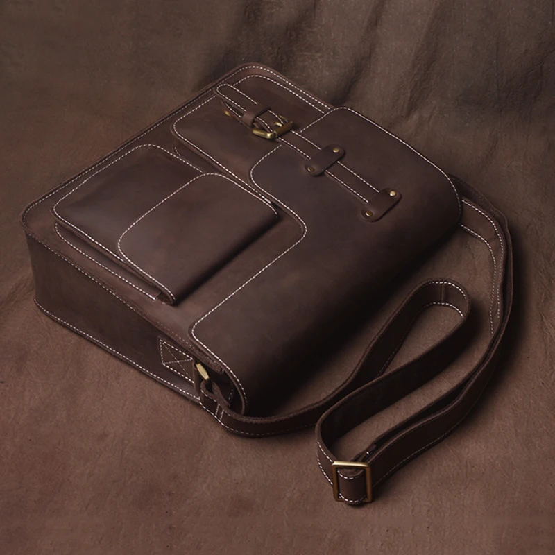 Vintage Natural Cowhide Leather Crossbody Bag Men's Casual Office Messenger Bag Luxury Design Handmade Man Bag