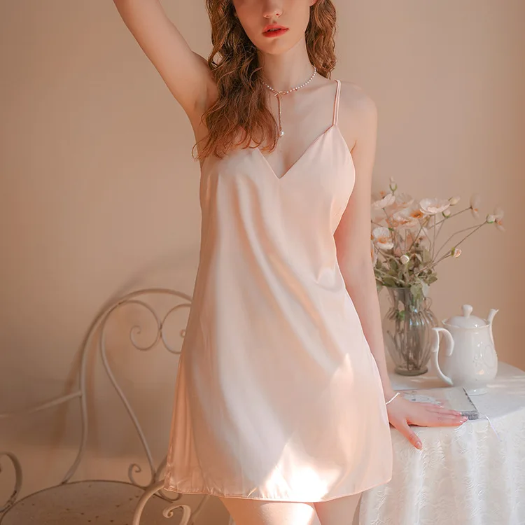 Sexy pajamas women's summer thin nightdress slings ice silk dress sleepwear large size style home clothes can be worn outside