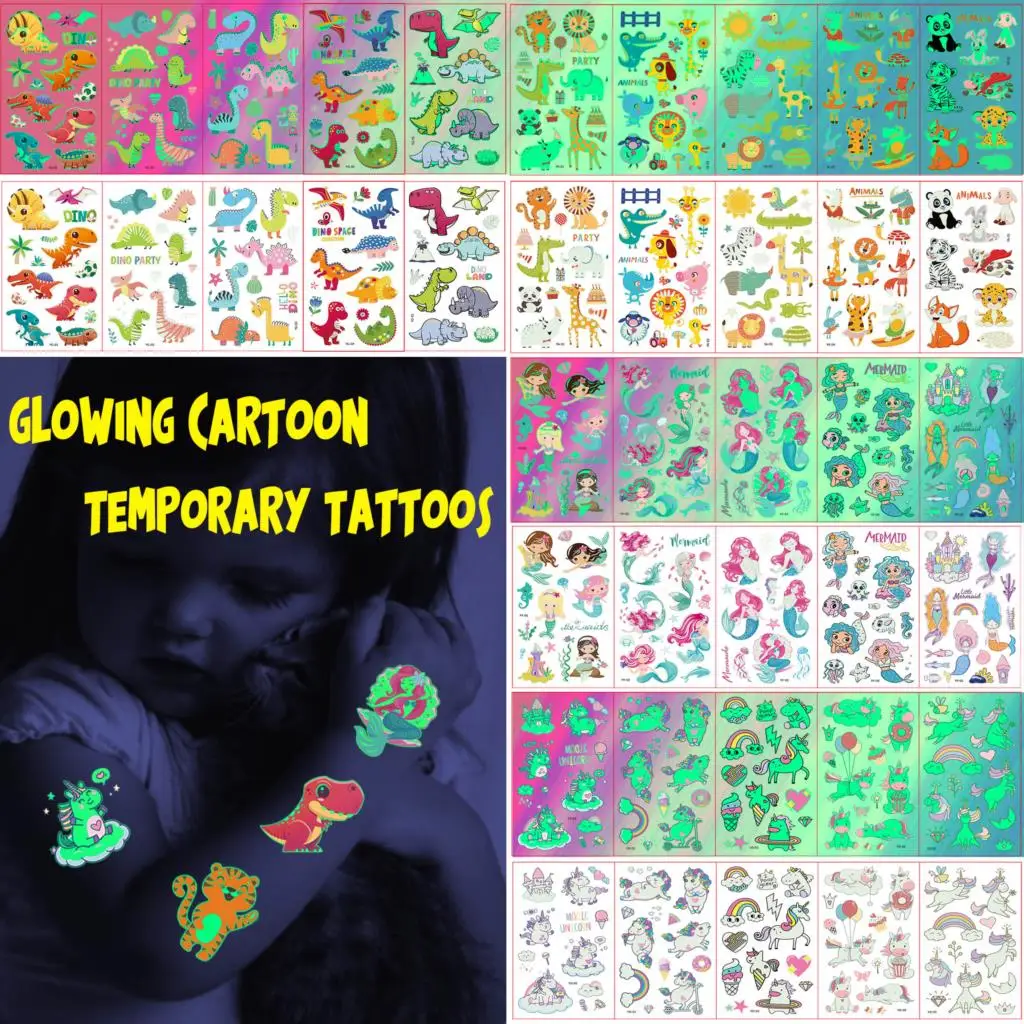 

Luminous Unicorn Temporary Tattoos For Boys Girls Glow In Dark Mermaid Dinosaur Fake Tattoo Sticker Children Lion Tatoos Favor
