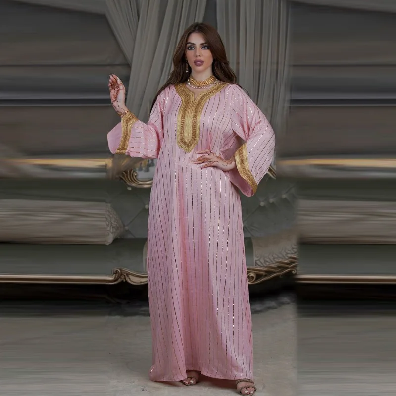 Moroccan Jalabiya Chic Striped Gold Stamping Arab Evening Dress Rhinestone Tape Trim O Neck Long Sleeve Kaftan Gulf Abayas Pink