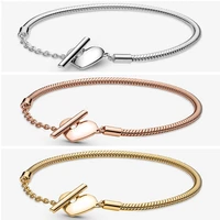 authentic 925 sterling silver moments rose gold heart t bar snake chain bracelet bangle fit bead charm diy pandora jewelry