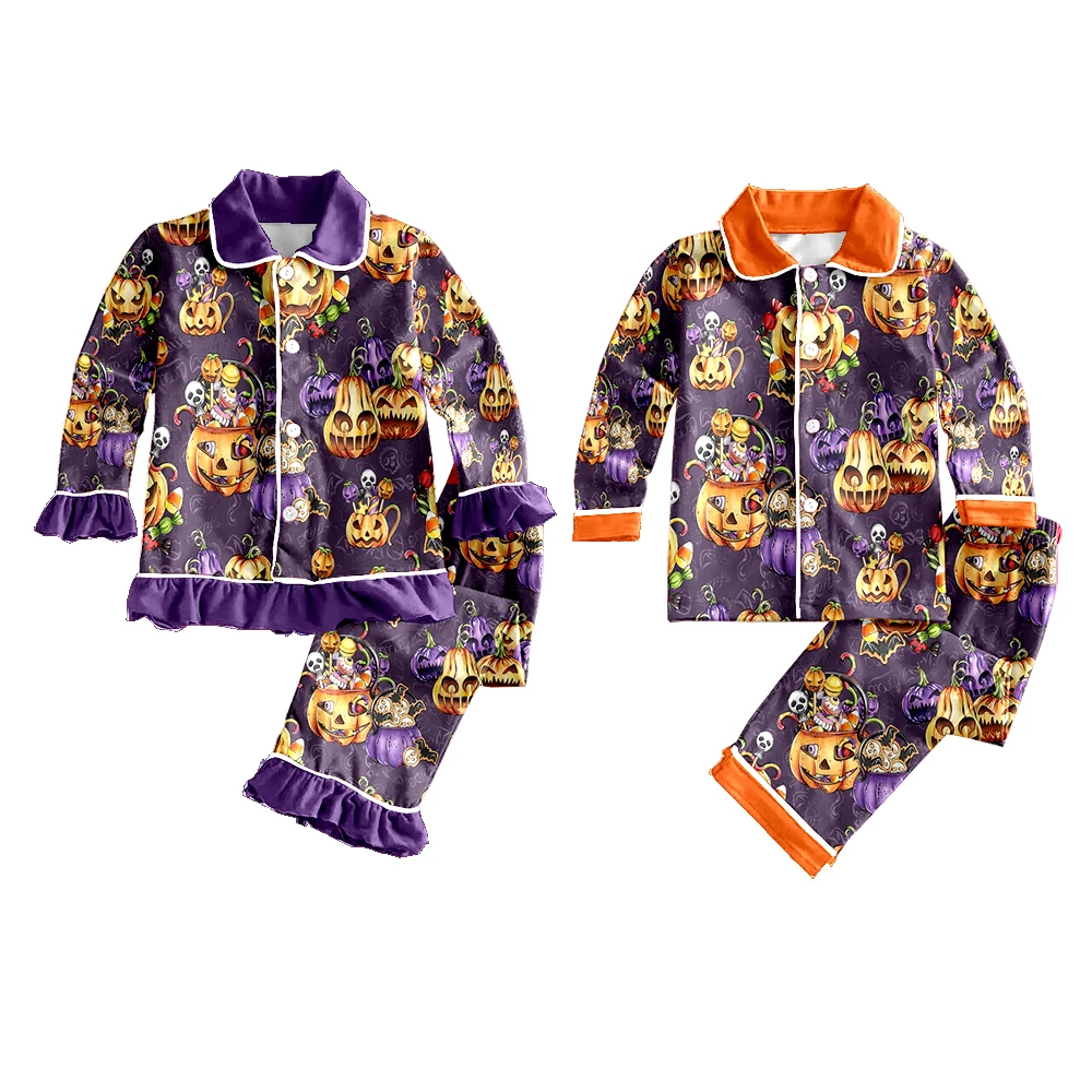 

New style Design Boys Girls Halloween pajamas set Long sleeve pants pumpkin pattern pajamas printed milk silk fabric