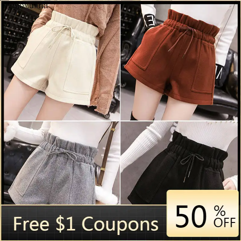 

New Autumn Winter Loose Was Thin High Waist Wide Leg horts Bottoming Out Straight Boot shorts Woolen Shorts Women