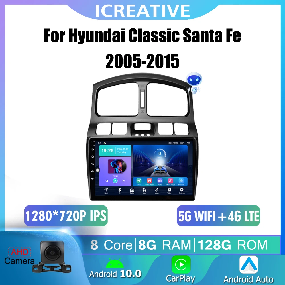 Hyundai Classic Santa Fe 2005-2015 Android otomatik GPS Navi 8 çekirdekli multimedya oynatıcı 4G WIFI Carplay IPS 1280*720 No 2din