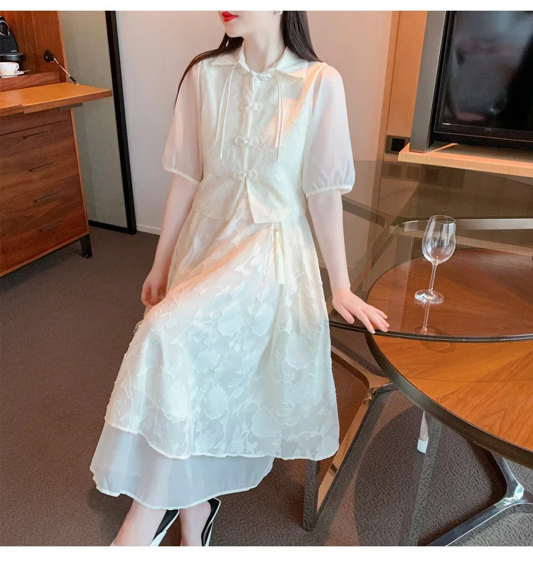 New Chinese-style improved cheongsam fairy dress Summer 2023 new doll collar bubble short sleeve lace dress