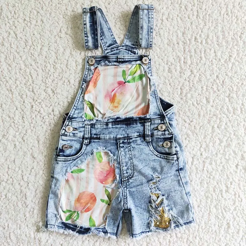 

Wholesale Baby Girl Denim Peach Overalls Light Wash Summer Ripped Shortalls Kid Backless Clothing Children Toddler Pocket Shorts