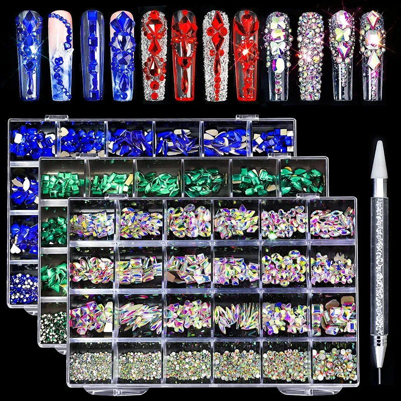 

24 Grids Luxury Crystal Diamonds Nail Art Rhinestones AB Red Green DIY Chaims Flatback Multi-shaped Decor Nails Salon Accessory