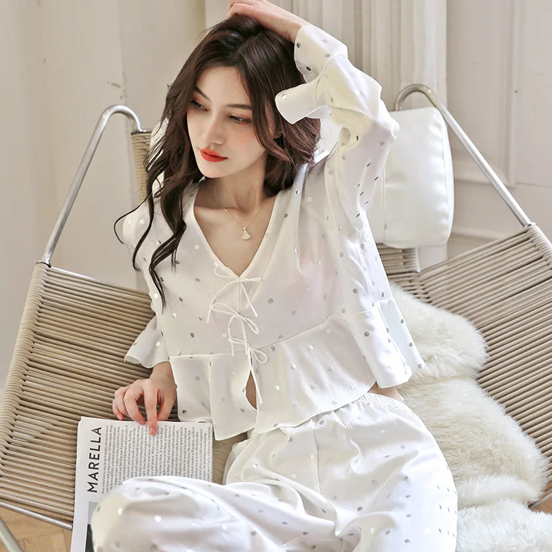 FALLINLAOE 2023 New Ice Silk Pajamas Women's Long Sleeved Simple Polka Dot Printed Home Clothes Pajamas Set