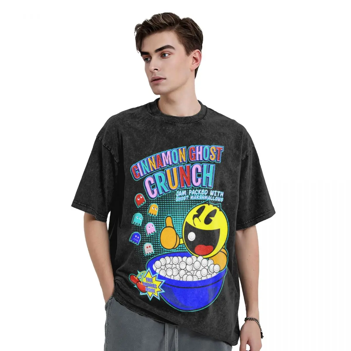 Промытые футболки Cinnamon Ghost Crunch Футболка Pacman Pakkuman Ретро 80s Аркадные игры Уличная