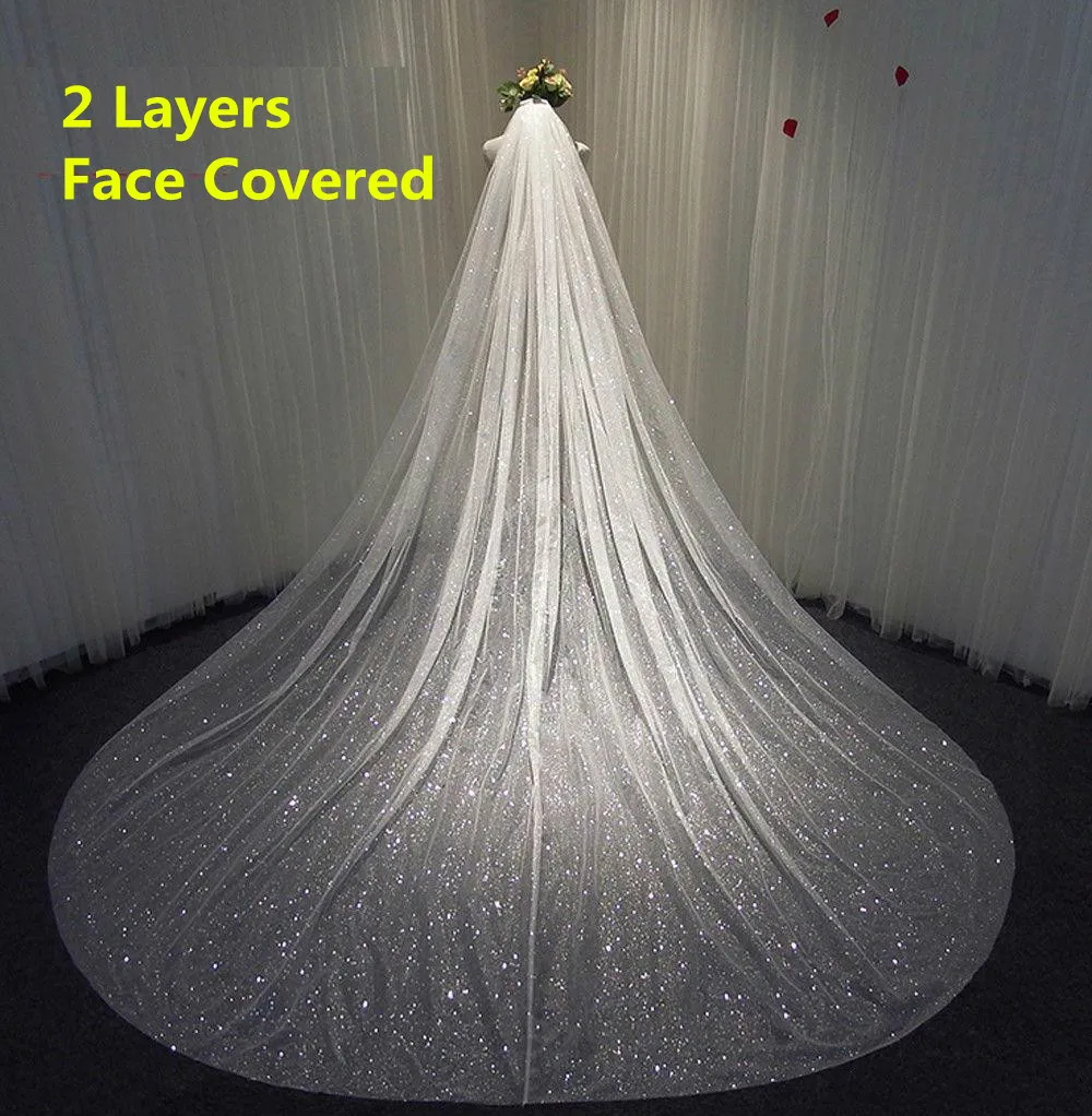 

Two Layers Bling Bling Bridal Veil Long Sparkly Glittering White Champagne Cathedral Sequins Blusher Face-Covered Veil With Comb