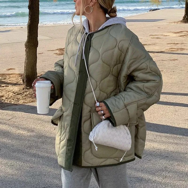 

2021 Winter vintage Parka Thin Oversize Warm Jacket Coat Women Army Green Patchwork Pockets Loose Streetwear Casual Cotton Coat