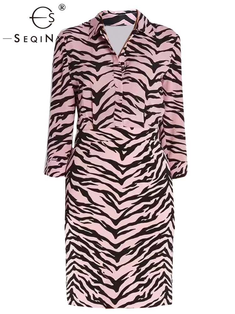 

SEQINYY Pink Shirt Dress Summer Spring New Fashion Design Women Runway High Street Zebra Stripes Print Slim Knee Casual