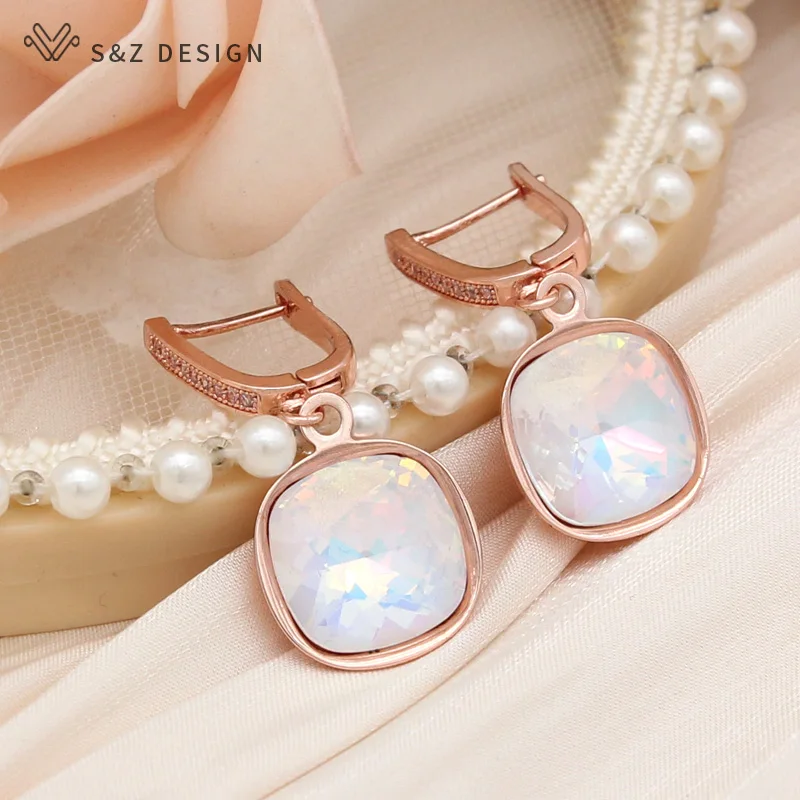 

S&Z DESIGN New Fashion 585 Rose Gold Color Square Colorful Crystal Drop Earrings For Women Wedding Cubic Zirconia Jewelry