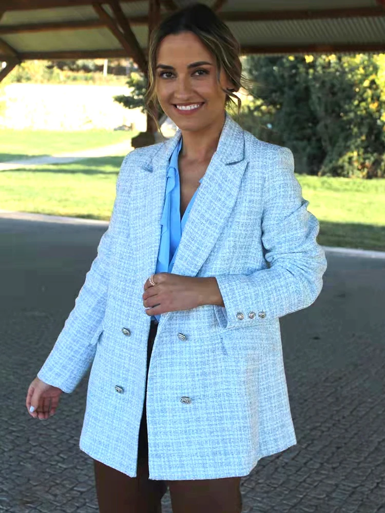 

New Casual Women Tweed Blazer Vintage Office Lady Jacket Coat Double Breasted Spring Autumn Outerwear Female Chic Tops