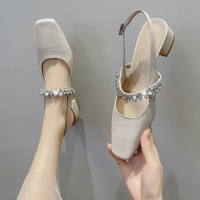 

Женские босоножки с ремешком и пряжкой, бежевые босоножки Мэри Джейн на среднем каблуке, удобная обувь с закрытым носком в стиле ретро, лето ...