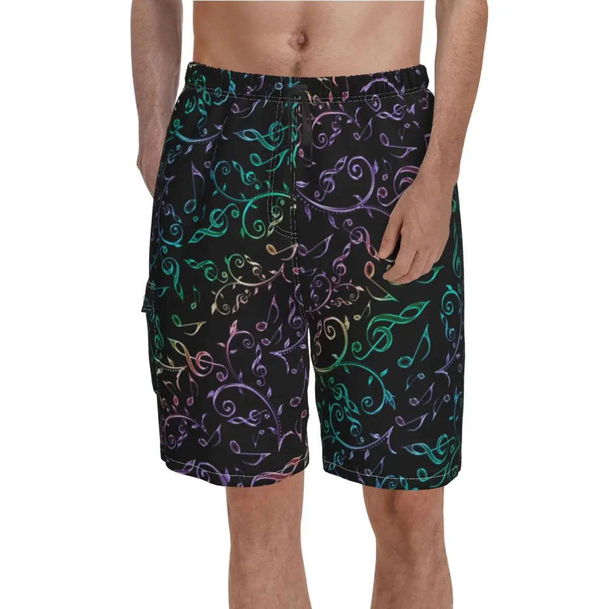 

Colorful Music Notes Board Shorts Rainbow Floral Pattern Beach Short Pants Hot Males Cute Printing Swimming Trunks Plus Size