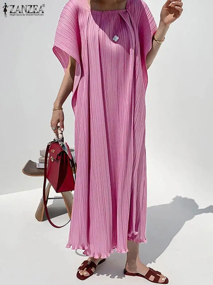 

2022 Summer Womens Pleated Maxi Long Dresses Casual Solid Square Collae Sundress Elegant Flared Sleeve Loose Sundress Oversized