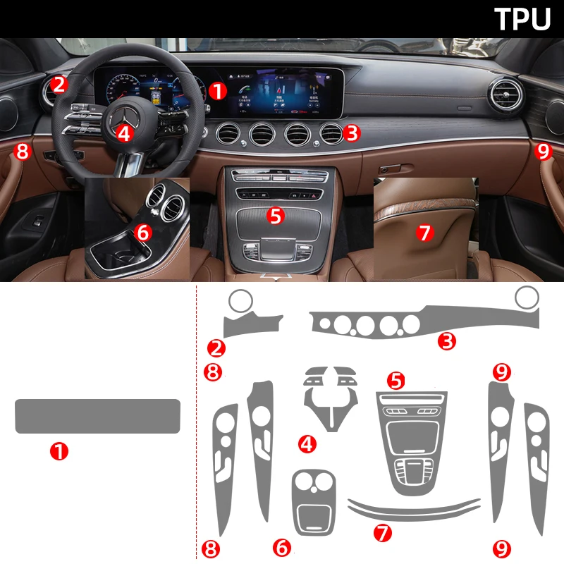 

Tpu Film for Mercedes Benz E Class E260 E300 2022 Car Interior Stickers Center Console Air Gear Navigation Dashboard Door Panel