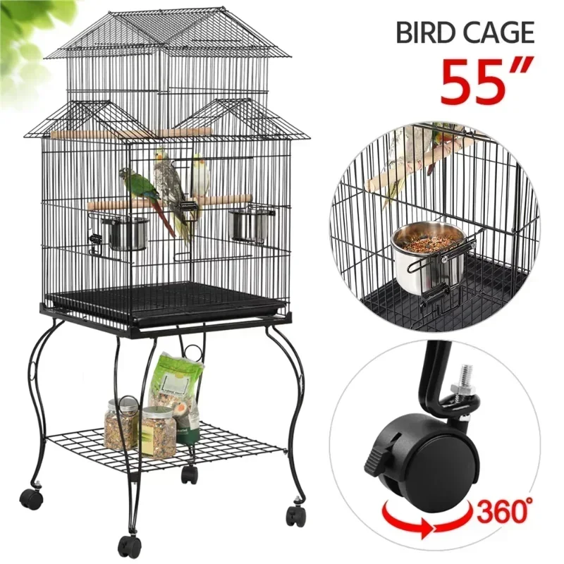 

Easyfashion Large Metal Rolling Bird Cage Parrot Aviary Canary Pet Perch With Stand, Black