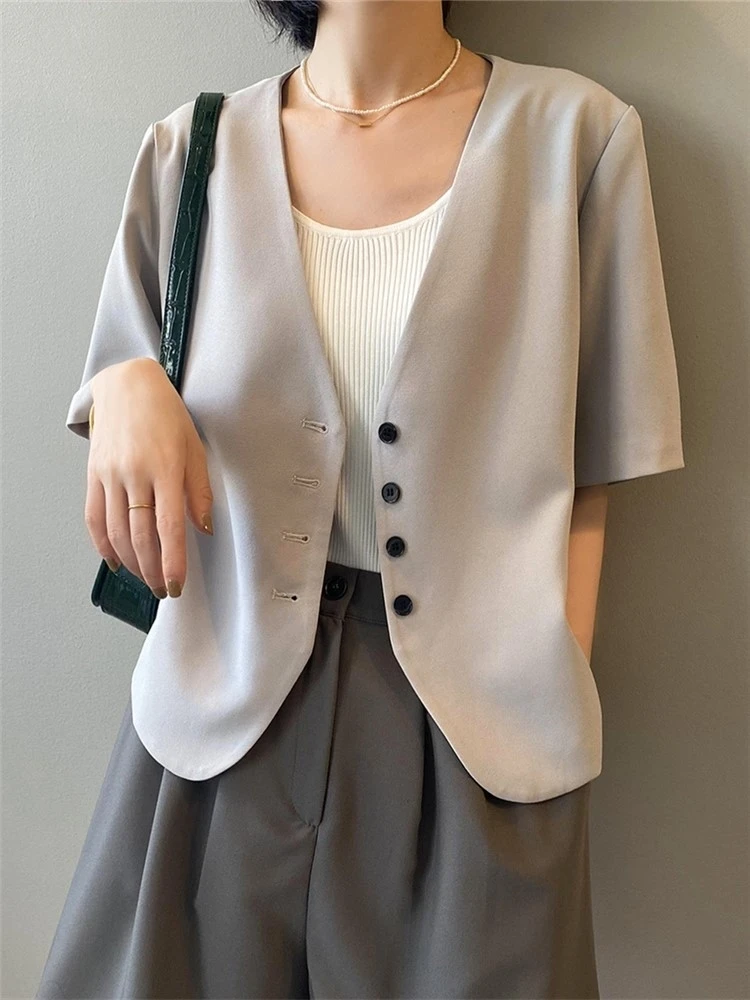 

2022 Summer Fashion Loose Sweet Plain Single-breasted V-neck Short Sleeve Blazers for Women Girl Outwear Ladies Short Jackets