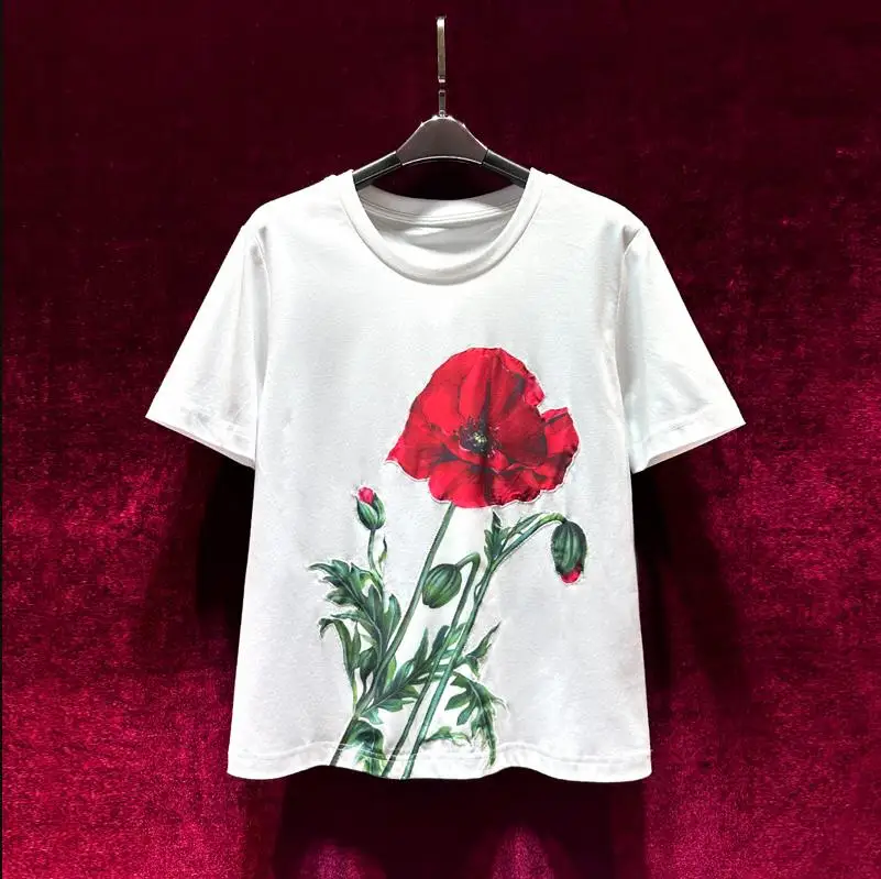 

European and American women's clothes 2023 summer new Round neck Short sleeve floral print fashion Cotton T-shirt